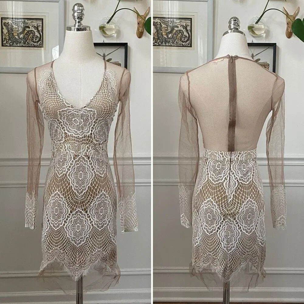 Luxxel White CrochetโLace Nude Mesh Sheath Dress Long Sleeves XS